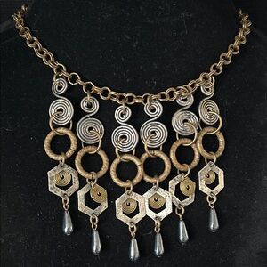 VTG Boho Brutalist Mixed Metal Necklace with Gold and Silver Accents 24”